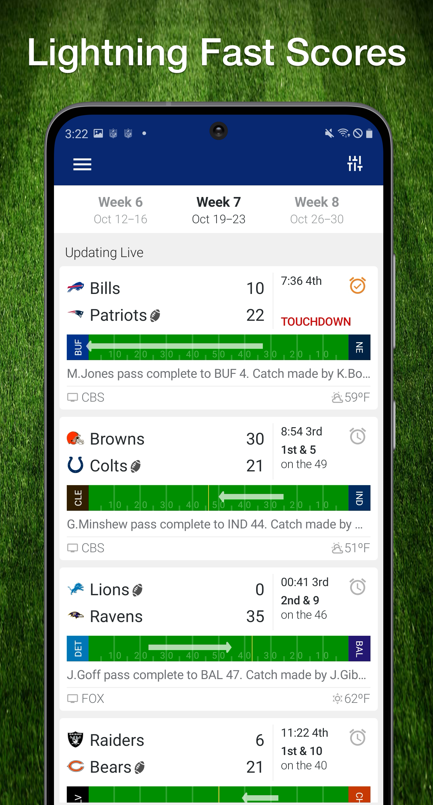 Real-Time NFL game scores and results