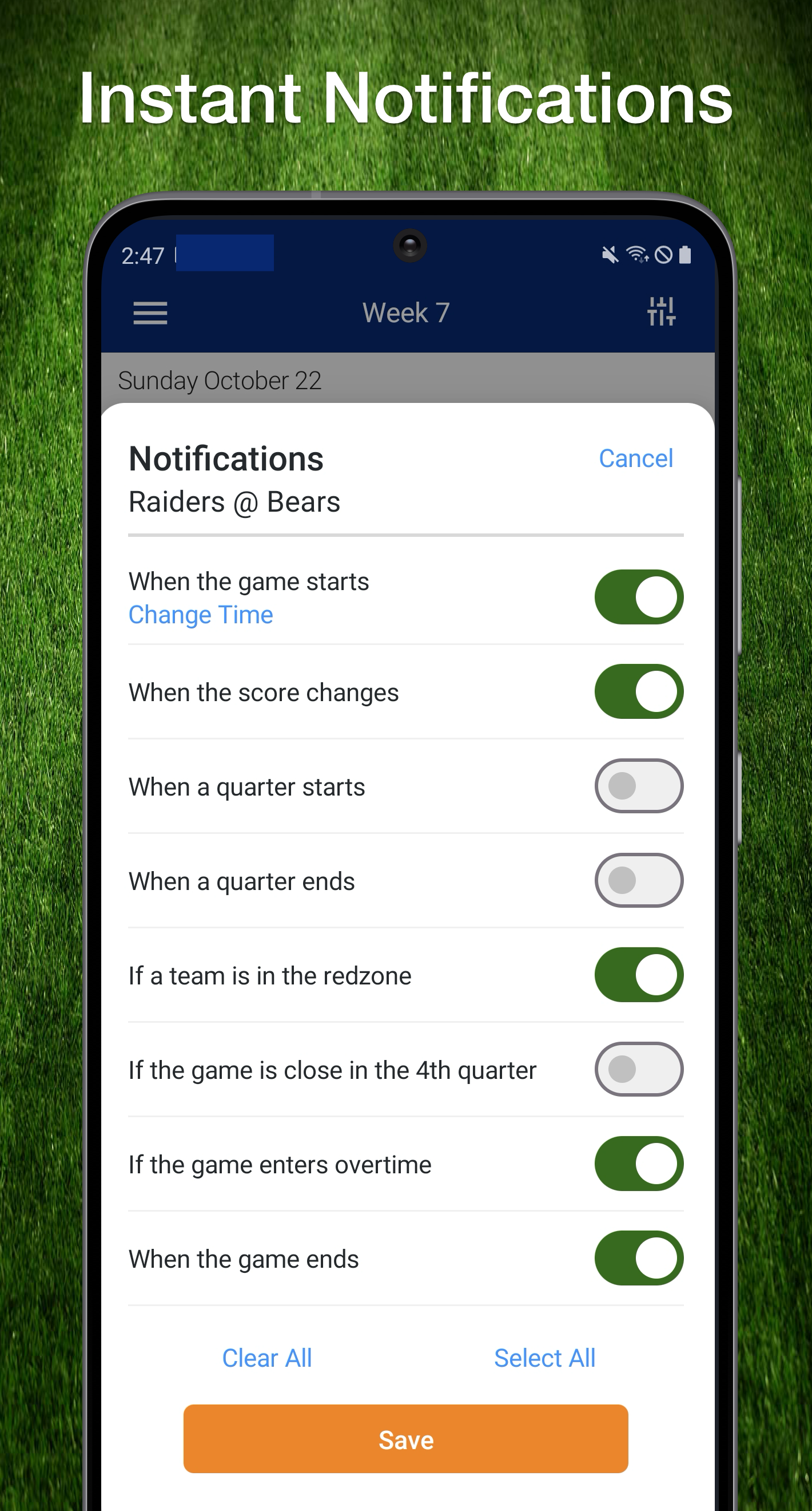 Instant NFL game notifications and alerts