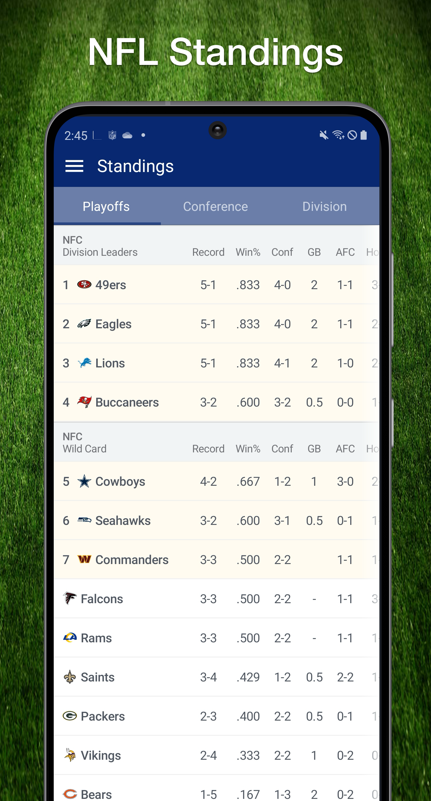 NFL conference, division, and playoff standings